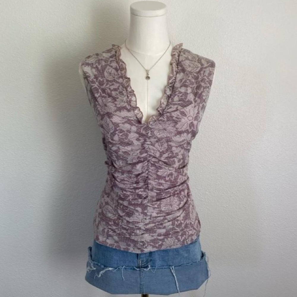 Y2K Apostrophe Ruffled Mesh Floral Sleeveless V Neck Blouse Fairycore - Picture 2 of 6